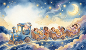 Blue bedtime train carrying sleeping children to Dreamland, kind woman driver with stars in hair. Story for kids to sleep. Soft watercolor.