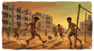 Indian boys playing football on a dusty ground, story about teamwork and passing the ball