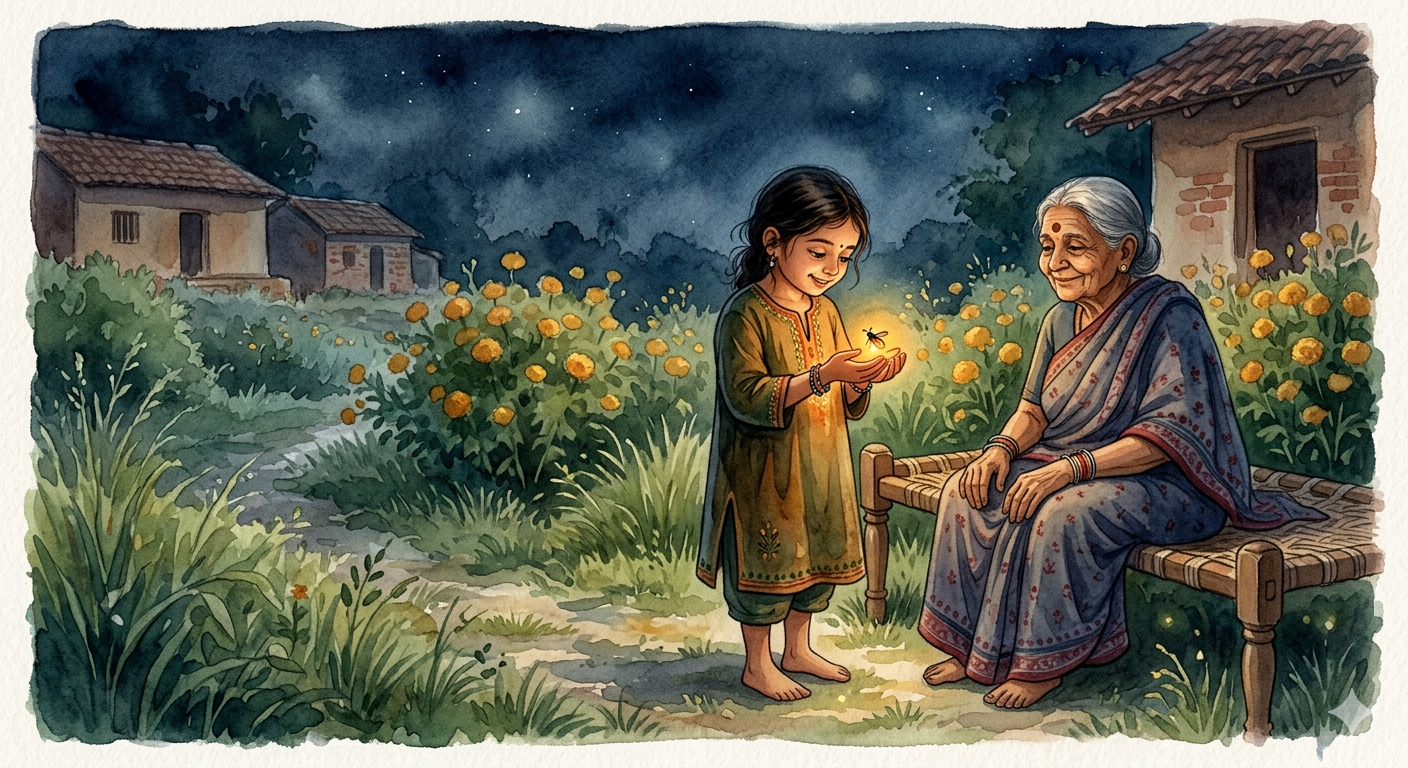 A child holding a glowing firefly in cupped palms in a village garden at night — Indian bedtime story.