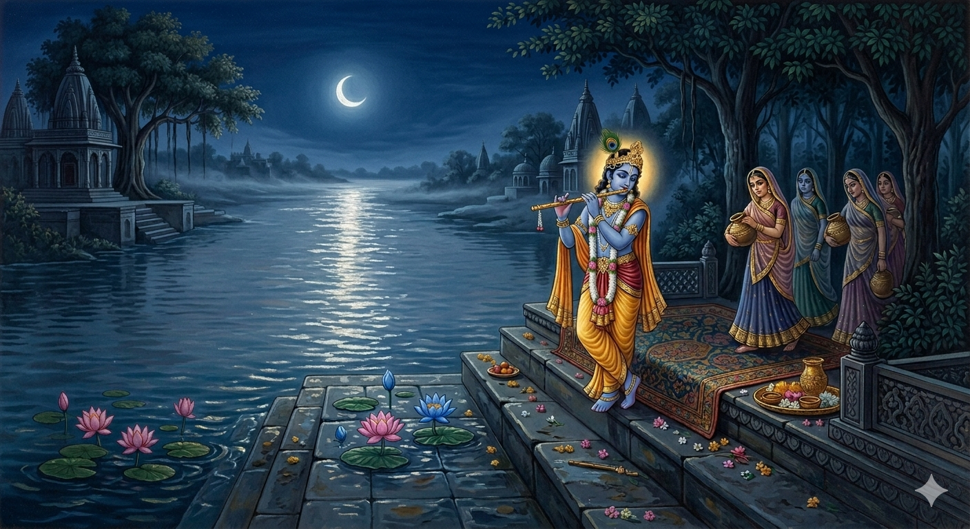 Krishna playing his flute by moonlit river with gopis walking towards him, Krishna leela story