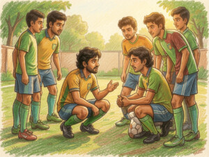 A young Indian football captain talking to his teammate on the field, story about leadership and listening