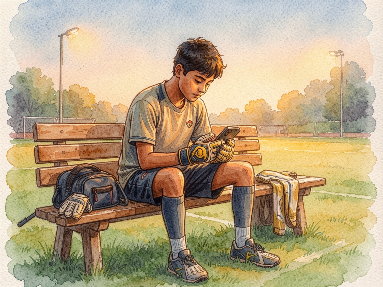 A young Indian goalkeeper sitting alone on a bench, story about quiet strength and family worry