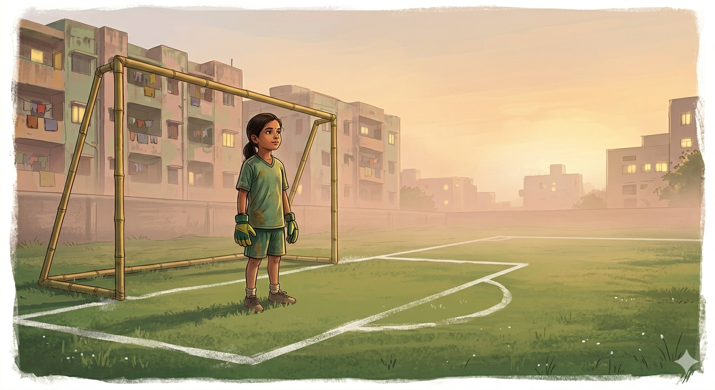 A young Indian girl goalkeeper holding her gloves on a football ground, story about responsibility