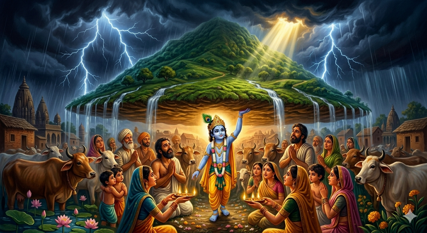 Story of Krishna lifting Govardhan hill — Krishna bedtime story