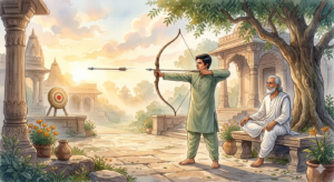 A young archer standing in a temple courtyard at sunrise with his bow drawn, an elderly guru seated beneath a neem tree in the background, spiritual story about overcoming overthinking and finding peace.