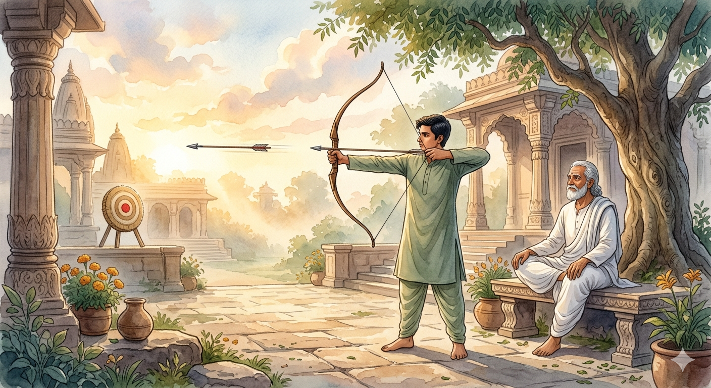 A young archer standing in a temple courtyard at sunrise with his bow drawn, an elderly guru seated beneath a neem tree in the background, spiritual story about overcoming overthinking and finding peace.