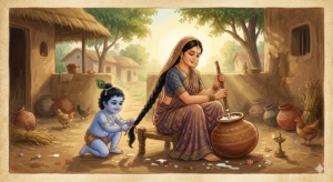 A traditional Indian miniature painting illustration showing the blue-skinned child Krishna playfully pulling the long black braid of Mother Yashoda as she churns butter. Yashoda is sitting on a low stool in a rustic village courtyard, busy with a large clay pot, while Krishna is kneeling behind her. The background features simple thatched-roof huts, trees, scattered earthenware pots, chickens, and a glowing brass oil lamp. The entire scene has a textured paper border and is bathed in soft, warm light, creating a peaceful and domestic atmosphere.