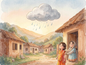 Little cloud afraid to let go of rain, girl waiting in doorway below. Bedtime story for kids about letting go and trusting.