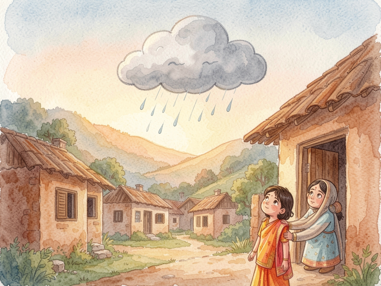 Little cloud afraid to let go of rain, girl waiting in doorway below. Bedtime story for kids about letting go and trusting.