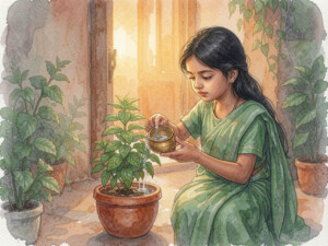 A girl watering a tulsi plant in an Indian courtyard at evening, bedtime story about responsibility