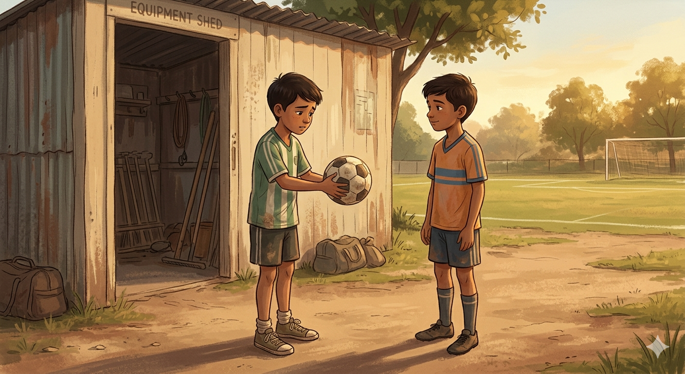 Two young Indian boys facing each other on a football ground, story about honesty and false accusation