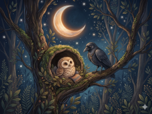 A little owl on a tree branch under a glowing moon, calming bedtime story about routines