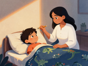 A boy pressing his thumb to a small pencil mark on his bedroom wall at night