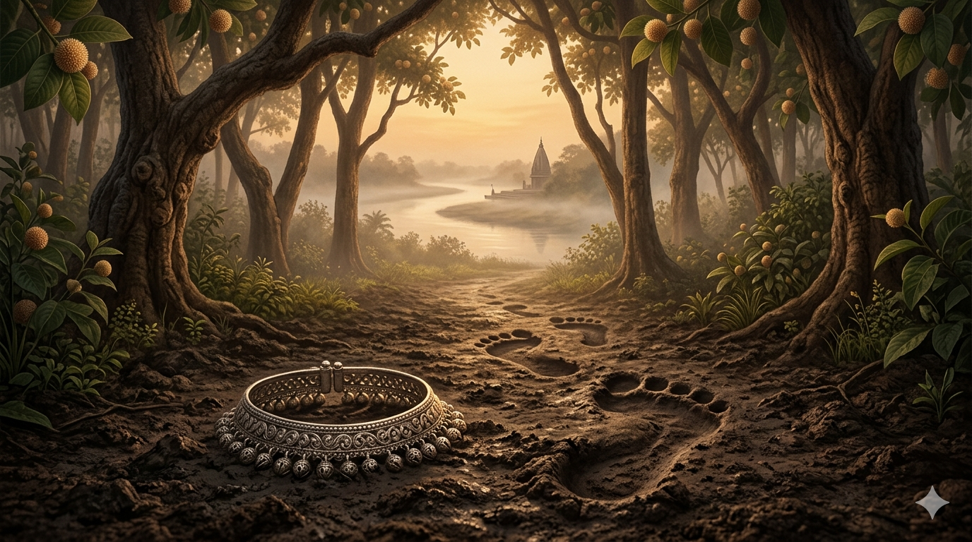 A silver anklet lying in the mud on a forest path beside the Yamuna river — Radha Krishna devotional story