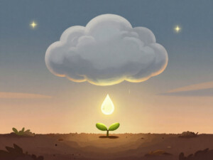 A tiny raindrop falling from a soft cloud toward a small seed, bedtime story about self-worth