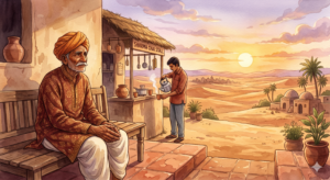 An elderly weaver sitting with his closed hands in his lap beside a Rajasthan desert village at sunrise, spiritual story about awakening and transformation.