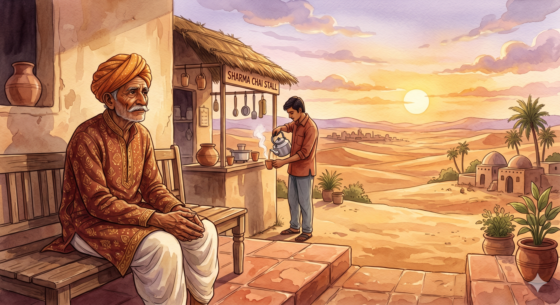 An elderly weaver sitting with his closed hands in his lap beside a Rajasthan desert village at sunrise, spiritual story about awakening and transformation.