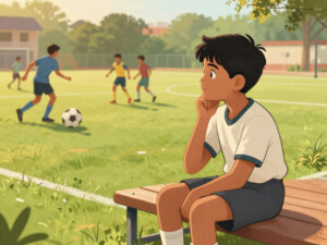 A young Indian boy on the football bench watching teammates play, story about self-worth and growth