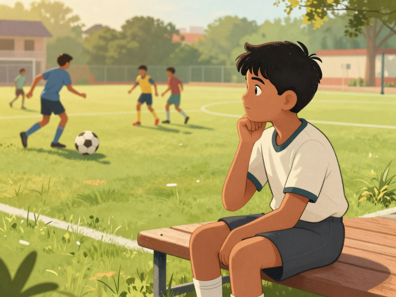 A young Indian boy on the football bench watching teammates play, story about self-worth and growth