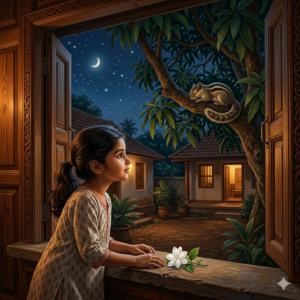 A young Indian girl looking at a jasmine flower on her windowsill at night with a squirrel sleeping in a mango tree — bedtime story