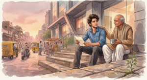 A young Indian man sitting on office steps holding a letter, looking into the distance — short inspirational story about purpose