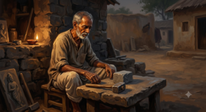 An Indian sculptor holding a hammer over an unbroken stone in a dimly lit workshop — moral story about never giving up