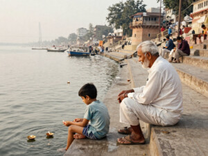 A young boy and elderly man standing on the ghats of Varanasi at dawn — short spiritual story about discipline and routine