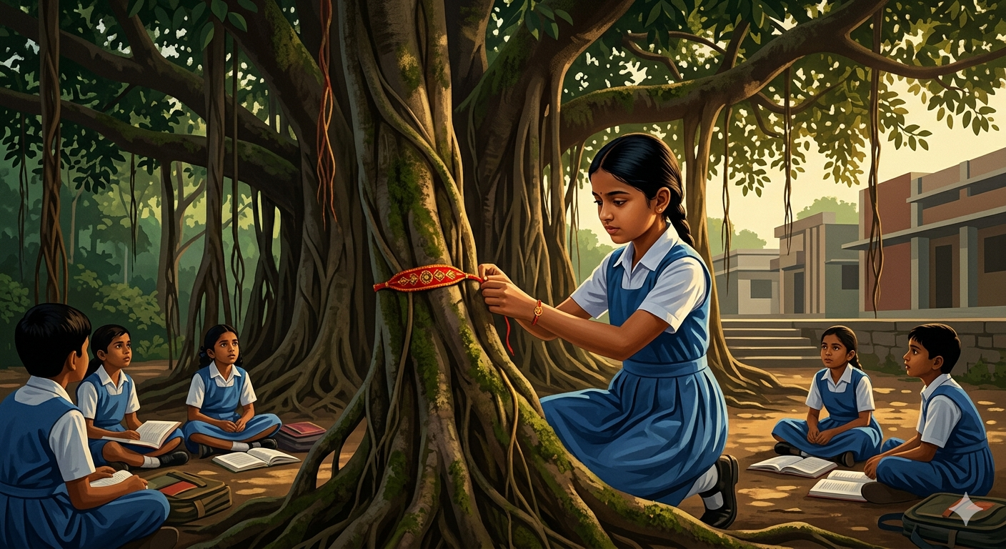 A young girl tying a red sacred thread around a large banyan tree root — short Indian story about saving nature
