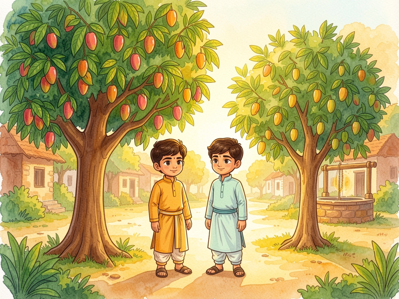 Two brothers stand beside their mango trees in a village orchard — bedtime story about balance for kids.