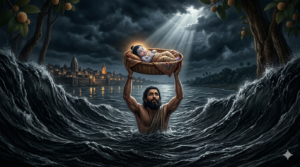 Vasudeva crossing a flooded Yamuna river at night holding baby Krishna above his head — Janmashtami story