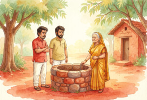 A farmer and an elder woman beside a stone well in a Gujarat village — kids moral story about greed and fairness
