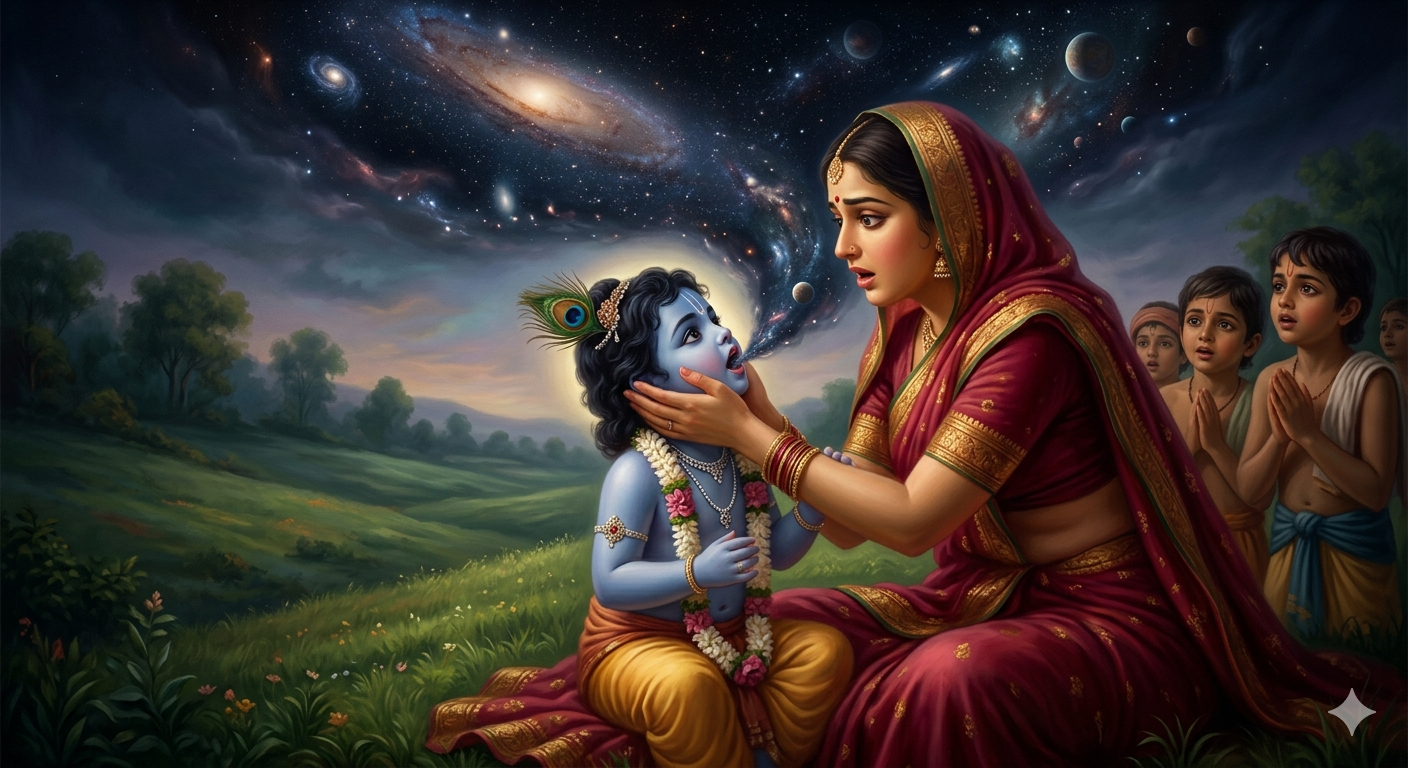 Yashoda kneeling before young Krishna under a peepal tree, his mouth open, divine light within — Krishna story