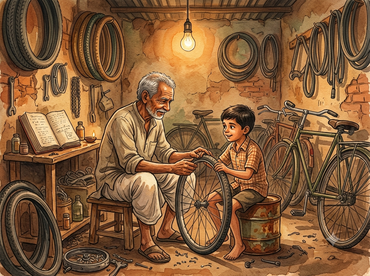 An old Indian bicycle mechanic and a boy in a small-town repair shop — inspirational story about honesty.