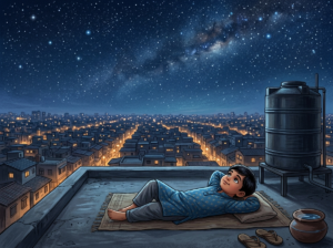 A young boy lying on a rooftop looking up at a starry sky - story about curiosity over worry