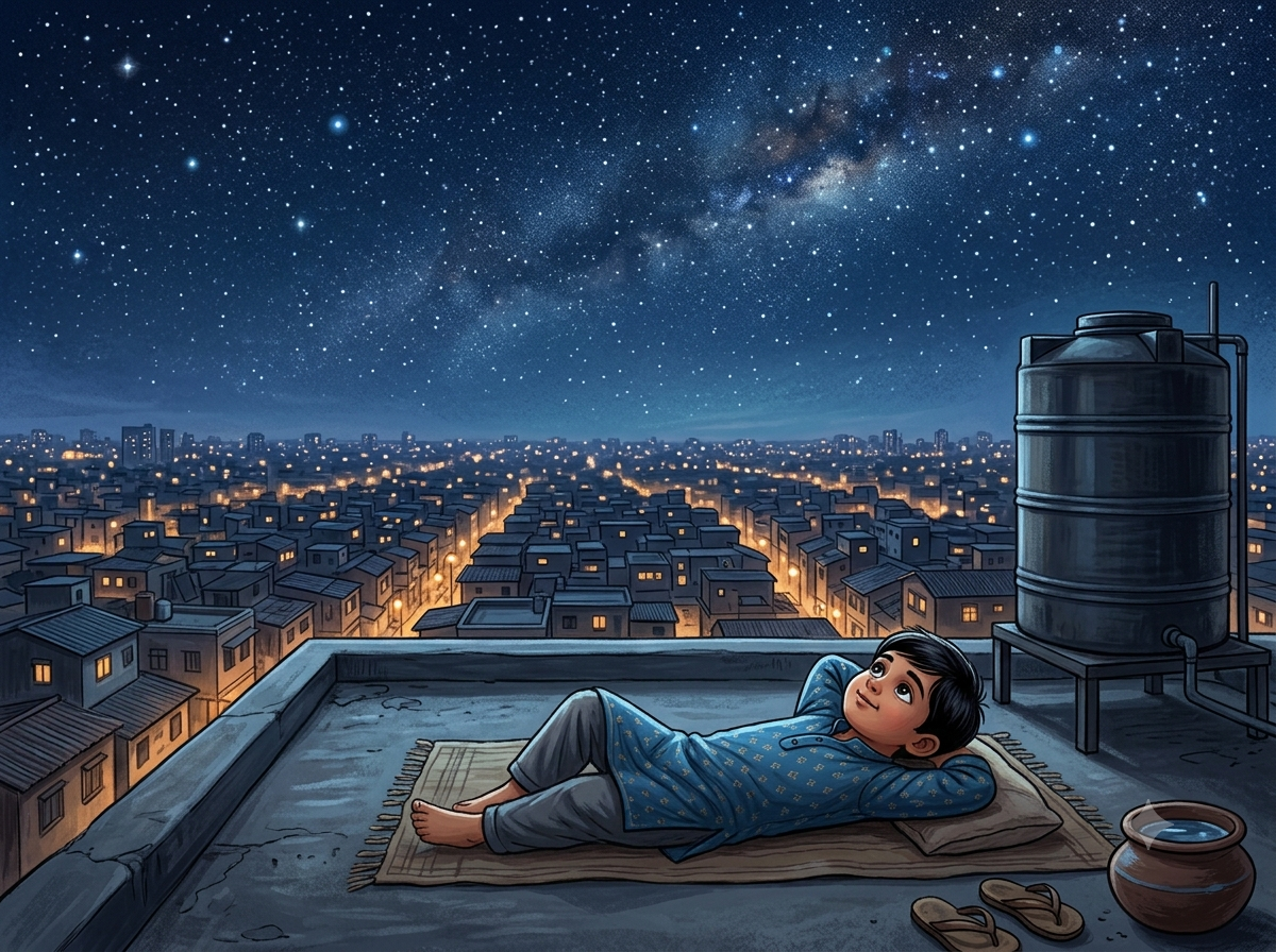 A young boy lying on a rooftop looking up at a starry sky - story about curiosity over worry