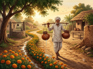 A cracked clay pot leaking water beside blooming marigolds on a village path — moral story about flaws