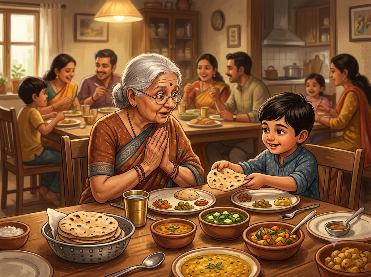 A grandmother and grandson sharing roti at an Indian family dinner table — moral story about sacrifice
