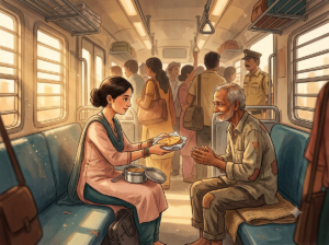 A woman shares her tiffin with an older man on a Mumbai local train — a short story about kindness and dignity.