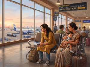 A woman waits anxiously at an airport gate after hearing news of her father's surgery — a Krishna story about letting go of worry.
