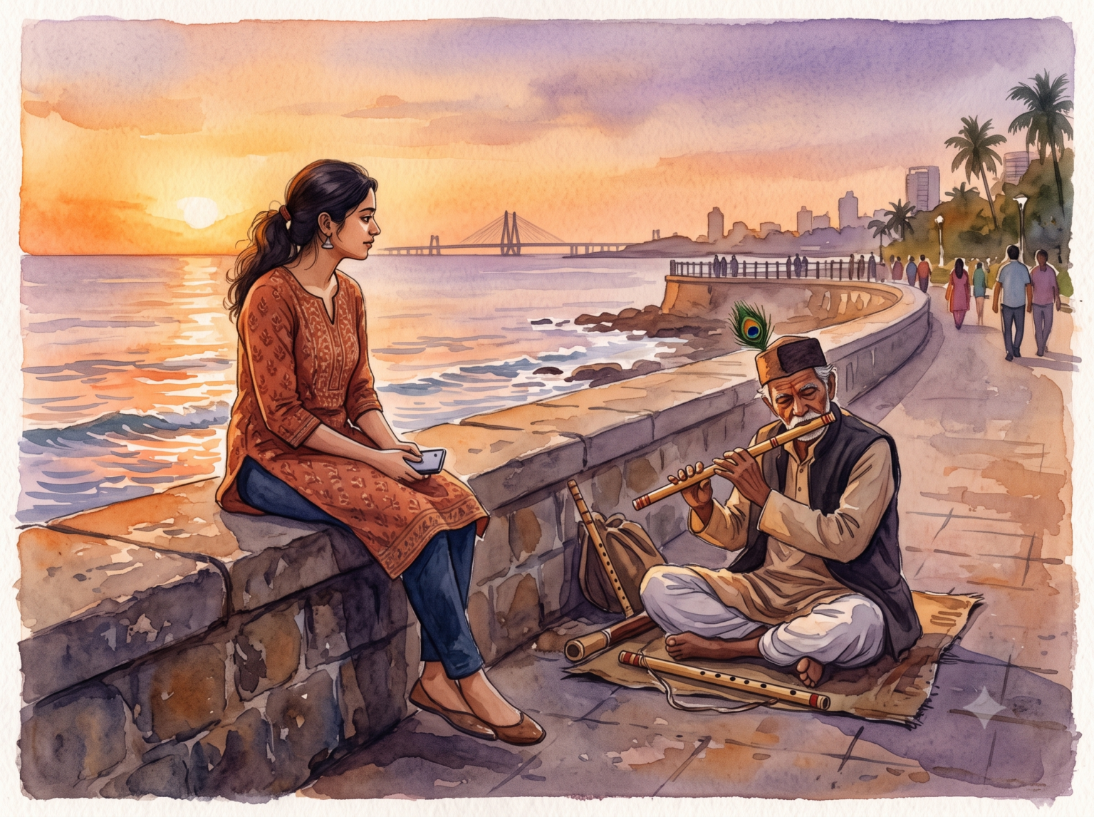 A young woman and an old flute player at Bandra Bandstand sunset — Krishna story about social media addiction.