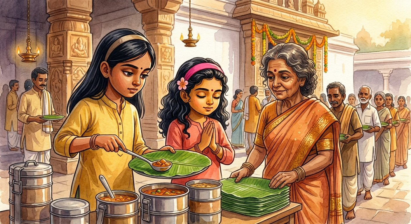 Bhoomi and Diya serve food to the poor at a temple — story about God as our true friend
