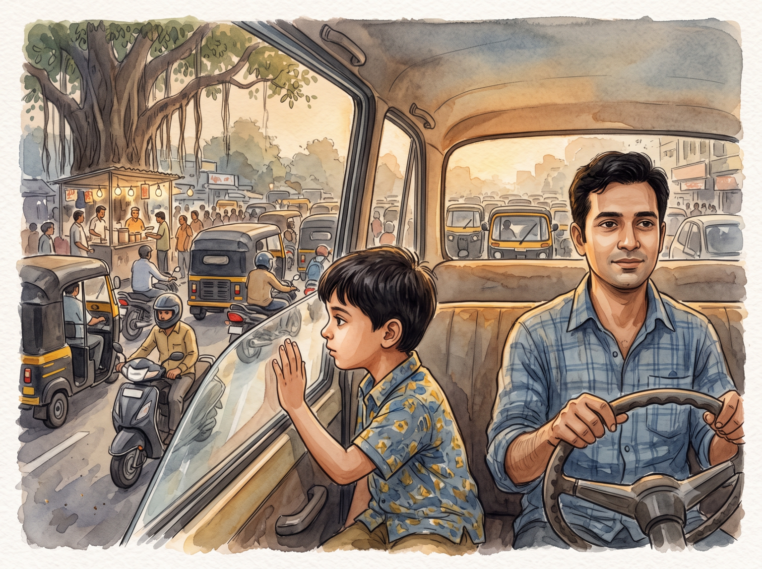 A father and son sit calmly in traffic — a Krishna story about not comparing yourself to others.