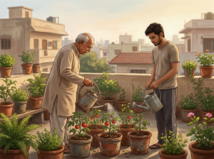A grandfather and grandson watering tomato plants on a Hyderabad terrace garden — Krishna story about burnout and balance.