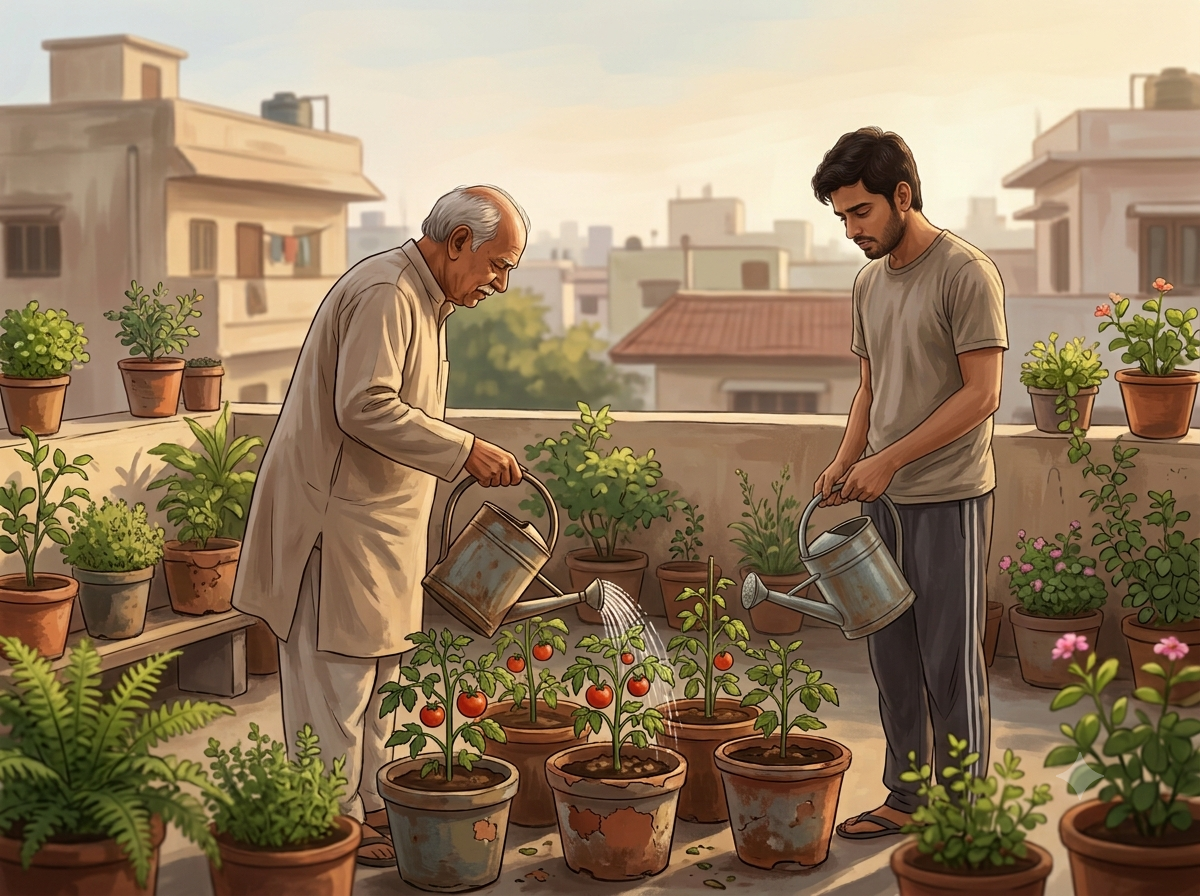 A grandfather and grandson watering tomato plants on a Hyderabad terrace garden — Krishna story about burnout and balance.