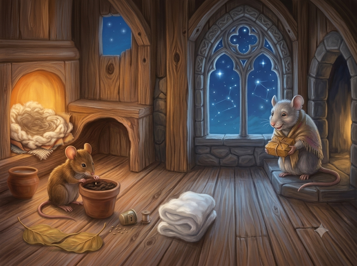 Milo the mouse planting a tiny seed while waiting patiently on a long Tuesday evening