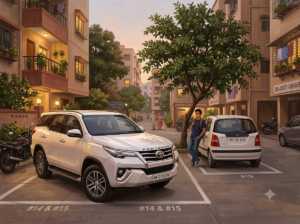 A worn white Santro parked beside a gleaming new Fortuner SUV in an Indian residential society — Krishna story about desire.