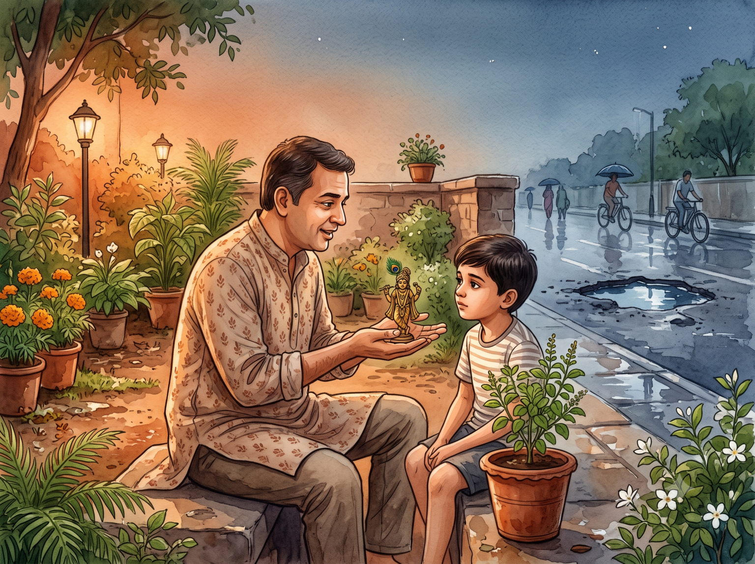 Father holding a brass Krishna statue while talking to his son in their garden, pothole visible outside.