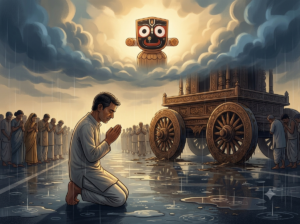 A devotee Salabega kneeling before Lord Jagannath's chariot on Puri's Grand Road during Rath Yatra.