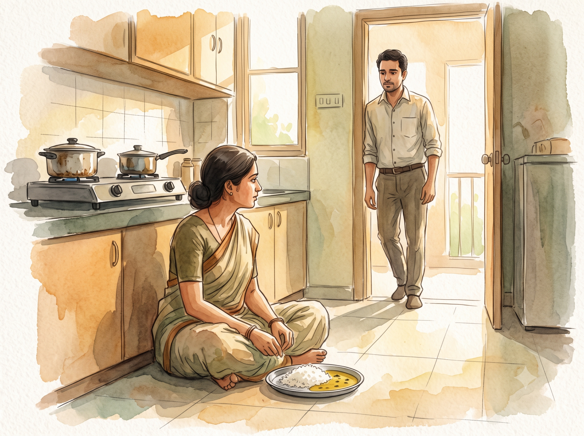 A husband discovers his wife's smaller plate in the kitchen — a short moral story about sacrifice in marriage.