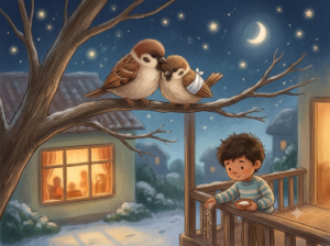 Two sparrows on a winter branch — bedtime story about courage and staying with a friend.